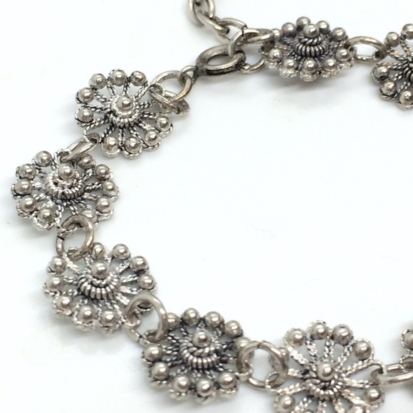 VINTAGE 925 STERLING SILVER FLOWER FILIGREE BRACELET OPEN WORK DAINTY FEMININE - Picture 6 of 10